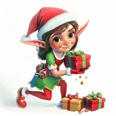 A cute Christmas elf girl with a big smile on her face is kneeling down and holding a red and green present in her hands