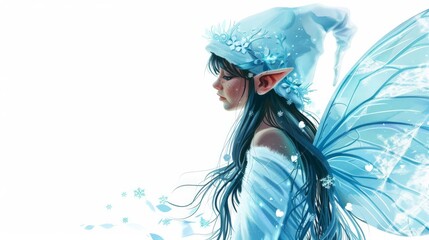 A winter fairy with long black hair and blue eyes wearing a blue dress and a blue hat with white flowers in her hair.