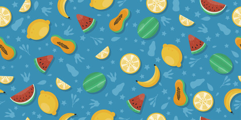 Watermelons, lemons, papaya, bananas - vector seamless pattern. Summer fruit pattern.