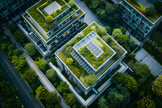Aerial view of blocks of industrial warehouses with cutting-edge technology in eco-sustainability and the environment, ecology and green energy concept, renewable energy concept eco