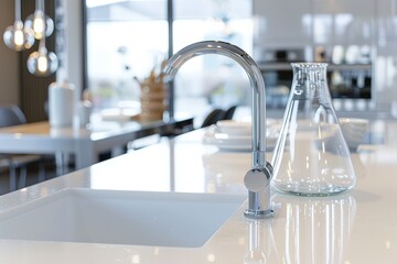 Modern white minimalistic kitchen interior details. Stylish white sink near mandarins...