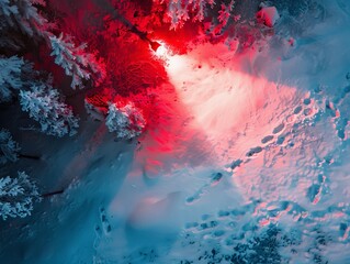 A dramatic scene of a red flare lighting in a snowy landscape, top view, for SOS signal, emergency rescue alert, Tetradic color scheme