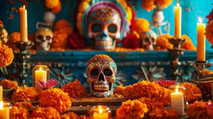 Fototapeta premium Festive Day of the Dead altar with colorful skull, candles, and flowers in close-up view