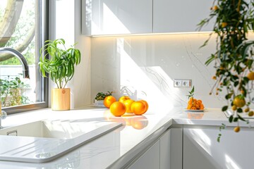 Modern white minimalistic kitchen interior details. Stylish white sink near mandarins High-resolution. Beautiful simple AI generated image in 4K, unique. - Powered by Adobe
