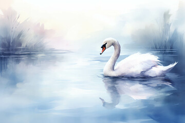 Obraz premium Graceful swan glides through the still waters of a lake, its reflection shimmering in the sunlight.