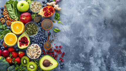 healthy food, clean eating selection: fruit, vegetable, seeds, superfood cereal, leaf vegetable