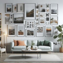 A living Room with a mockup poster empty white and with a couch and pictures on the wall art attractive harmony attractive.