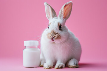 Obraz premium Adorable White Rabbit Sitting Next to Milk Bottle on Pink Background