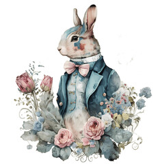 rabbit in a blue jacket  with flowers watercolor illustration.Generative Ai