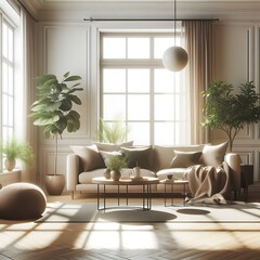 A living Room with a mockup poster empty white and with a couch and plants art illustration card design.