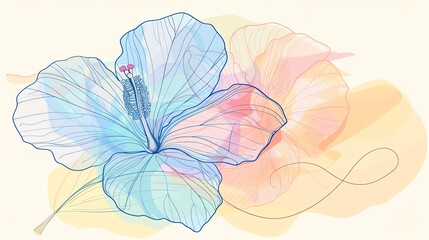 This is a beautiful watercolor painting of a hibiscus flower. The soft, pastel colors and delicate lines create a sense of peace and tranquility.