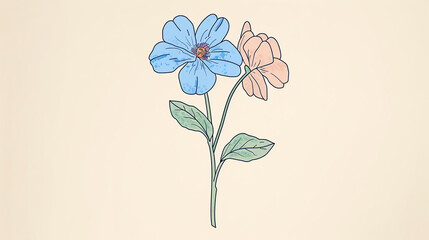A beautiful flower with two buds in full bloom. The petals are a light blue and peach color with a yellow center.
