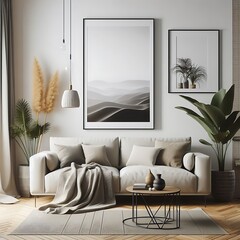 A living Room with a mockup poster empty white and with a couch and plants art lively used for printing meaning.