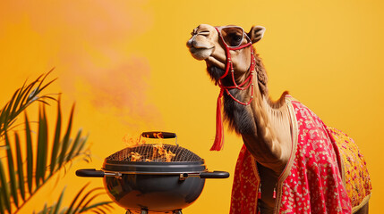 funny eid ul adha concept, muslim camel having a bbq barbecue on eid al adha, bakra eid