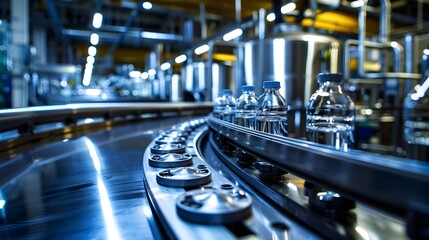 Fototapeta premium Water Bottles on Conveyor Belt in Bottling Factory