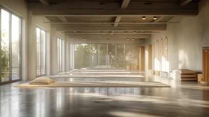 Contemporary Yoga Escape: Concrete Interior Design with Panoramic Window Views