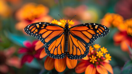 A monarch butterfly, with vibrant flowers as the background, during spring migration