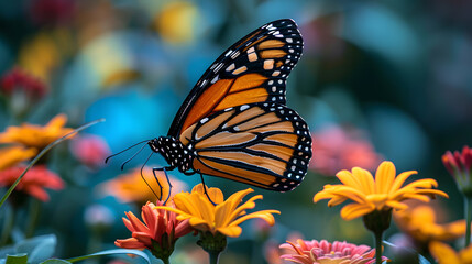 A monarch butterfly, with vibrant flowers as the background, during spring migration