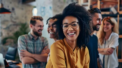 confident smiling black women wearing a yellow top and glasses standing in the office with her colleagues
