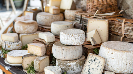 A rustic scene of various farmhouse cheeses, displayed in a traditional market setting.