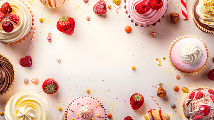 Variety of delicious cakes Cupcakes and Shu cakes homemade bakery on white background
