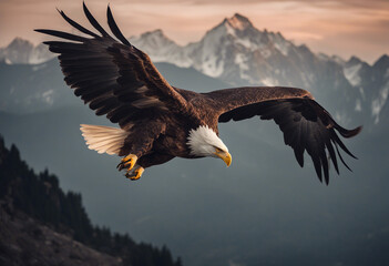 Obraz premium A majestic eagle soaring above a rugged mountain range at dusk 
