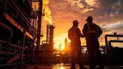 Silhouette of two engineers in front of oil refinery plant