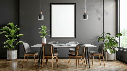 Modern Dining Area with Dark Walls and Green Accents, Frame Mockup, Ideal for Contemporary Interior Design and Home Decor