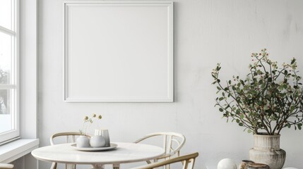 Minimalist Dining Room with White Decor and Natural Light, Frame Mockup, Ideal for Modern Home Decor and Interior Design