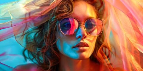 Obraz premium Vibrant Portrait of Woman with Sunglasses in Colorful Neon Light and Sheer Fabric