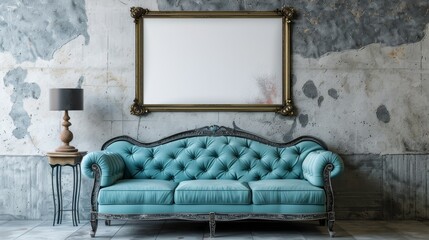 Vintage Living Room with Teal Sofa and Antique Decor, Frame Mockup, Perfect for Classic Interior Design and Home Decor Ideas