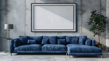 Industrial Living Room with Blue Sofa and Concrete Walls, Frame Mockup, Perfect for Modern Home Decor and Interior Design Ideas