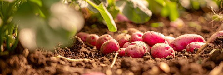 Freshly Harvested Red Potatoes in a Sunlit Organic Garden