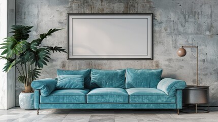 Modern Living Room with Teal Sofa and Industrial Decor, Frame Mockup, Ideal for Contemporary Interior Design and Home Decor Ideas