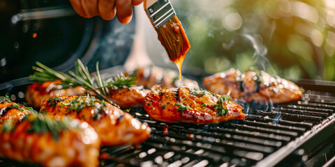 Grilled Chicken Barbecue Juicy Marinated Chicken with Herbs on Outdoor Grill