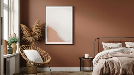 Modern Bedroom with Brown Walls and Natural Light, Frame Mockup, Perfect for Contemporary Interior Design and Home Decor Ideas