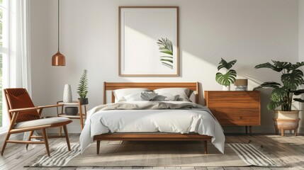 Modern Bedroom with Beige Walls and Wooden Furniture, Frame Mockup, Perfect for Contemporary Interior Design and Home Decor Ideas