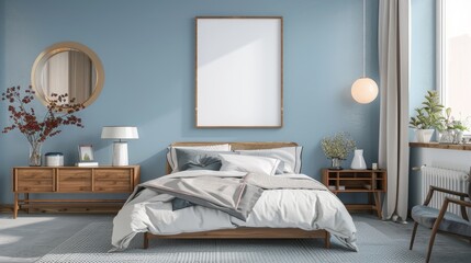 Contemporary Bedroom with Blue Walls and Natural Light, Frame Mockup, Ideal for Modern Home Decor and Interior Design Ideas