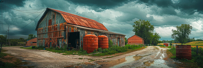 Rustic Barn and Farm Landscape under Overcast Sky with Dramatic Clouds