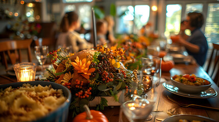 Table full of healthy food on Thanksgiving day, wooden table, summer concept vacation concept holidays