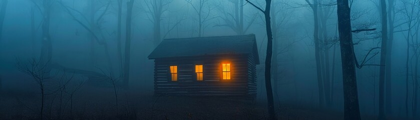 Old cabin in the woods Cabin windows glowing faintly in the twilight, surrounded by dense fog and the silhouette of barren trees