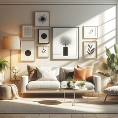 A living Room with a mockup poster empty white and with a couch and plants art lively art attractive.