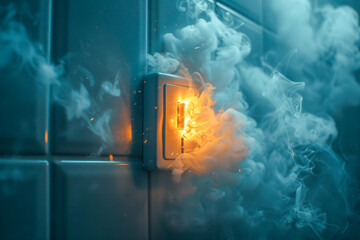 Electrical Short Circuit with Smoke and Fire on Light Switch in Kitchen or Bathroom Tile Background