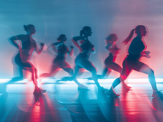 A group of women are running in a blur, with one woman wearing a ponytail. Concept of motion and energy, as the women are in the middle of a race