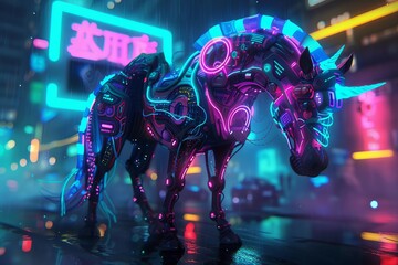 centaur warrior futuristic tech robot cyborg human hybrid scifi character concept neon glowing highlights mechanical cyberpunk 