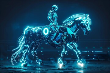 centaur warrior futuristic tech robot cyborg human hybrid scifi character concept neon glowing highlights mechanical cyberpunk 