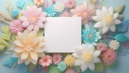 Obraz premium Flower arrangement with blank paper suitable for invitations, announcements, cards, or celebrations. Perfect for adding text or graphics. Generative AI