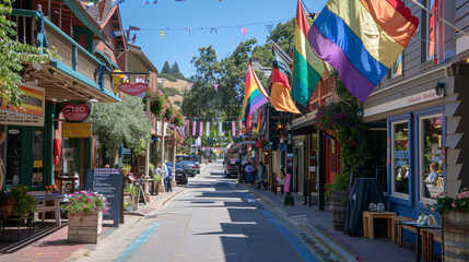 4. A picturesque main street with pride flags lining the sidewalks and hanging from balconies, emphasizing a welcoming and supportive community