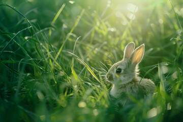 Adorable Baby Rabbit in Sunlit Green Grass Field   Spring Nature Wildlife