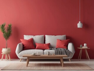 Wall mockup in cozy simple living room interior background, Bright Red wall background